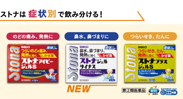 ストナは症状別で飲み分ける！　のどの痛みに、発熱にストナアイビージェルS　鼻水、鼻づまりにストナジェルサイナス　つらいせき、たんにストナプラスジェルS